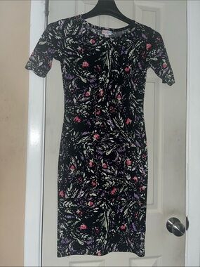 Lula Roe Floral Print Short Sleeve Dress - Black with Pink & Purple